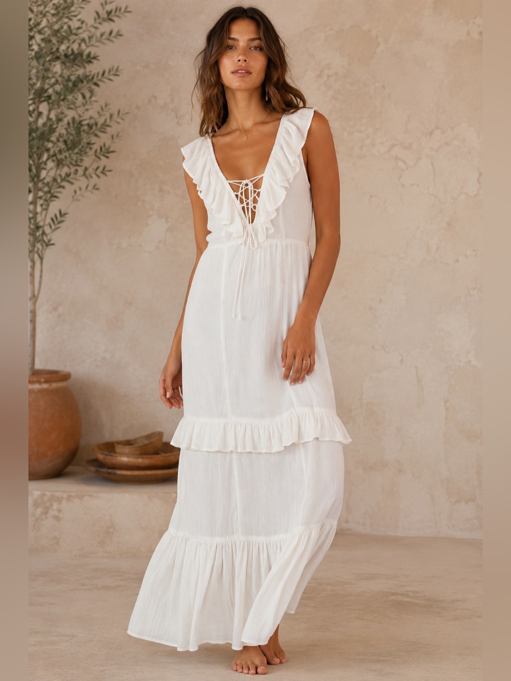 Billabong White Ruffle Lace-Up Maxi Dress Boho Beach Cover-Up Medium